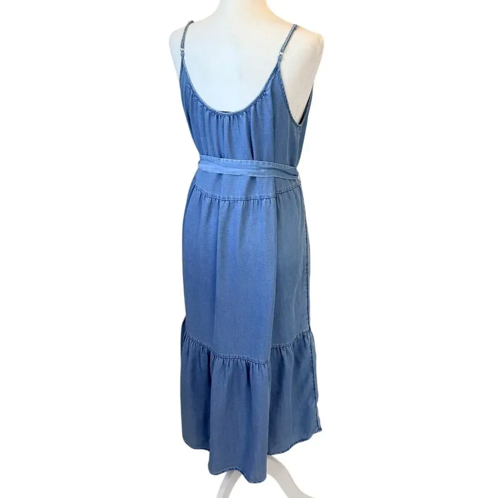 LOFT Chambray Belted Midi Swing Dress Tiered Blue Petite M